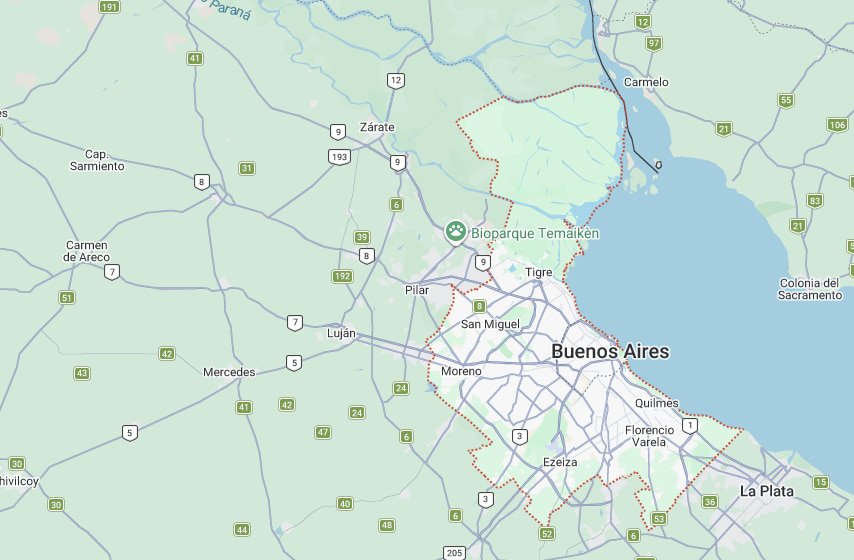 Mapa del Área Metropolitana de Buenos Aires (AMBA), la zona de cobertura de Jugaland, marcada con línea roja punteada